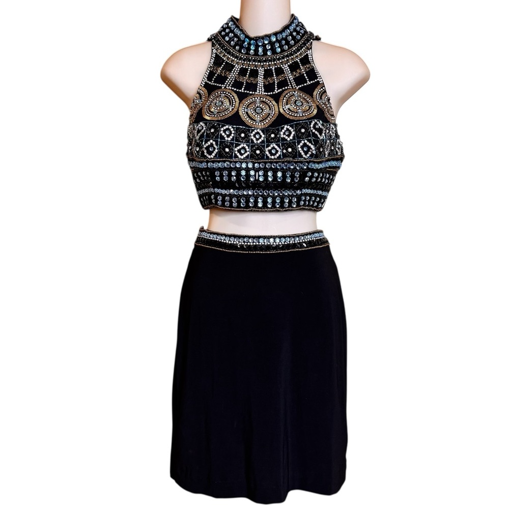 Vintage 90s Sherri Hill Black HEAVILY Beaded Crop Top Skirt Dress Set Cut Out 4